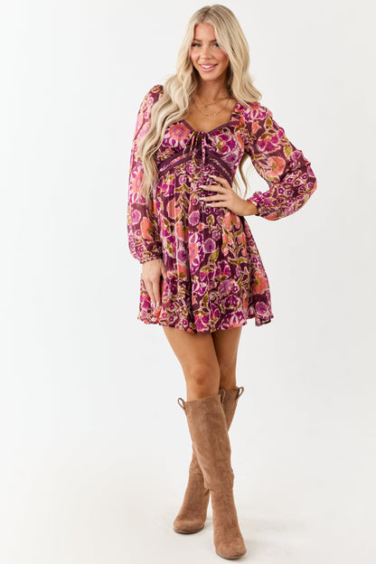 Plum Floral Print Deep V Neck Long Sleeve Mini Dress
