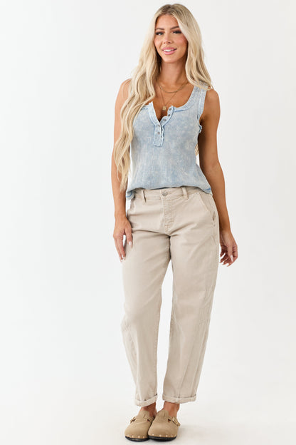 Powder Blue Washed Knit Contrast Denim Trim Tank Top