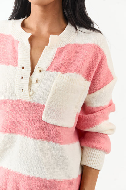 Punch and Cream Thick Stripe Henley Sweater