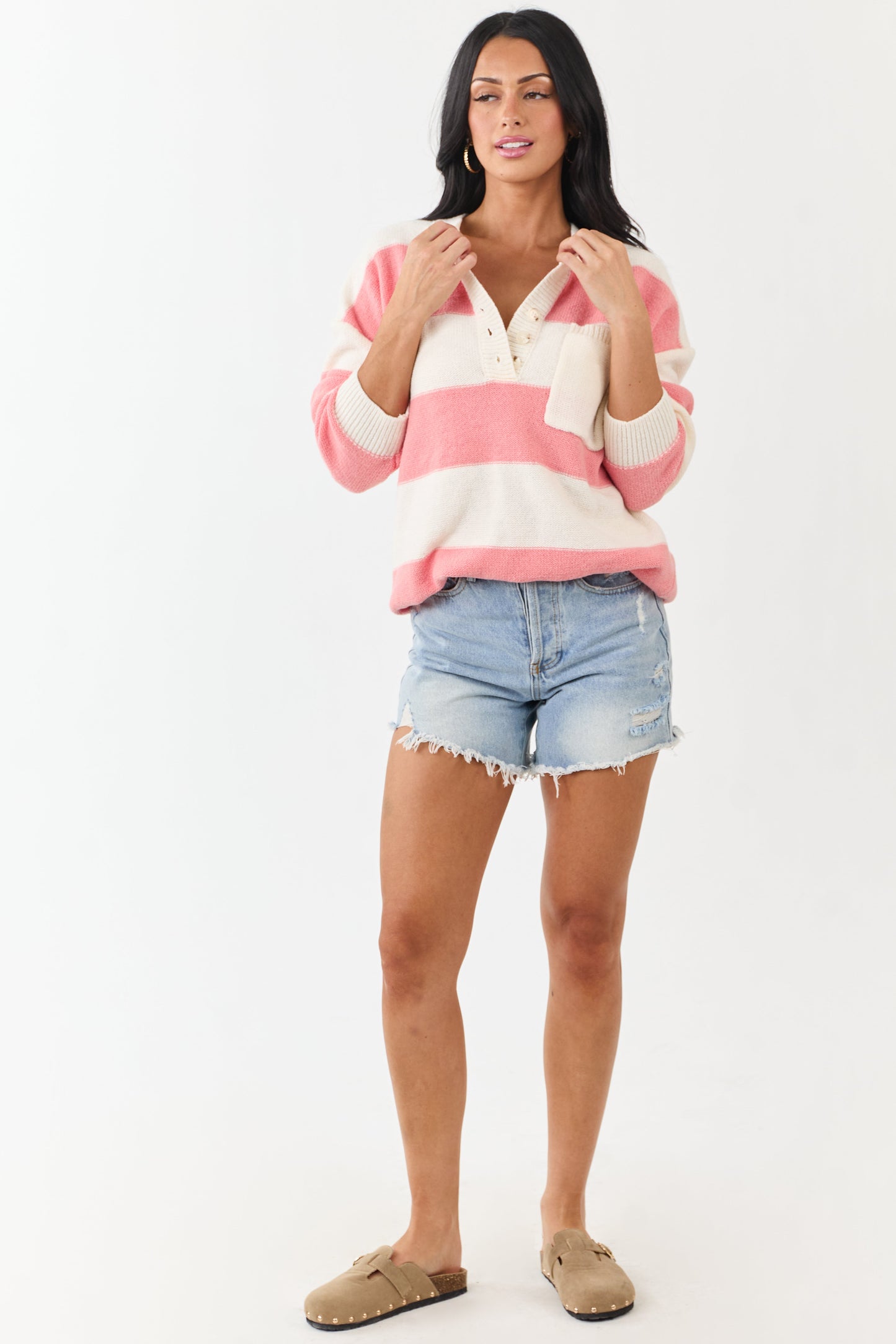 Punch and Cream Thick Stripe Henley Sweater
