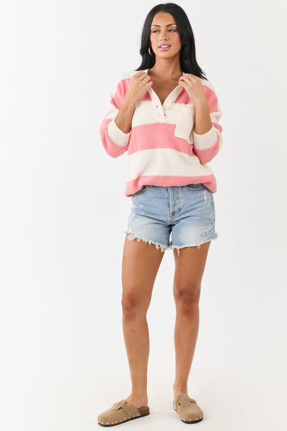 Punch and Cream Thick Stripe Henley Sweater