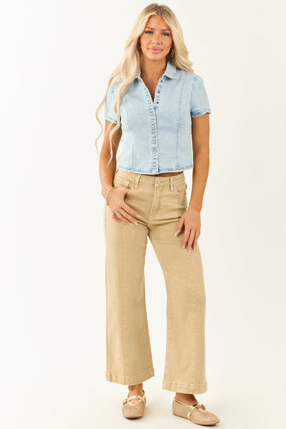 Risen Beige Tummy Control Stretchy Wide Leg Jeans