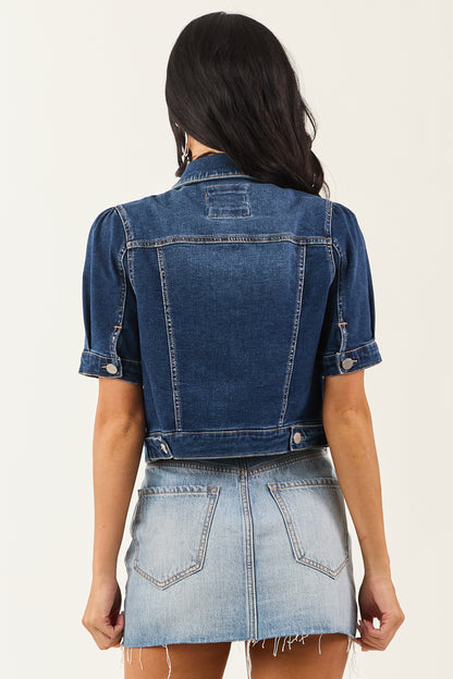 Risen Dark Wash Short Puff Sleeve Cropped Denim Jacket