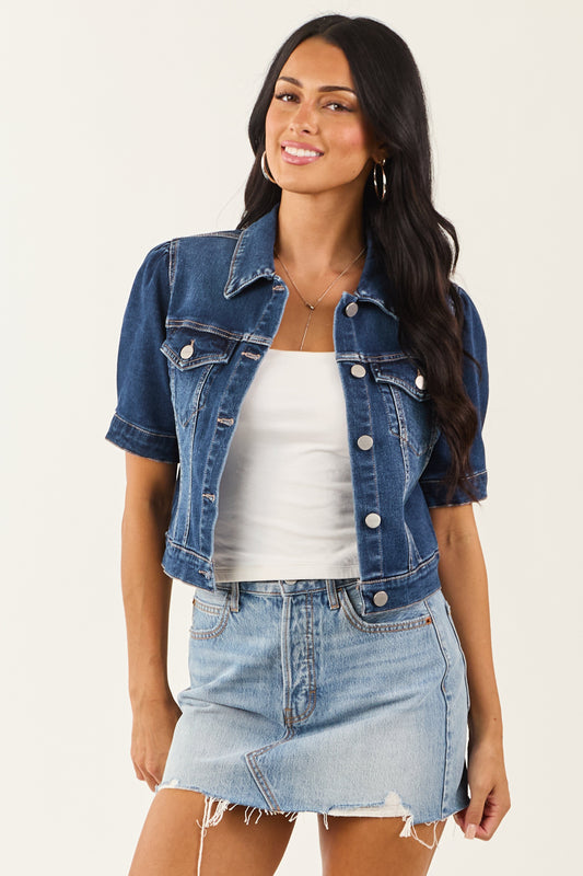 Risen Dark Wash Short Puff Sleeve Cropped Denim Jacket