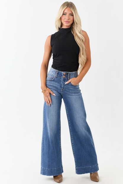 Risen Dark Wash Waist Seam Wide Leg Stretchy Jeans