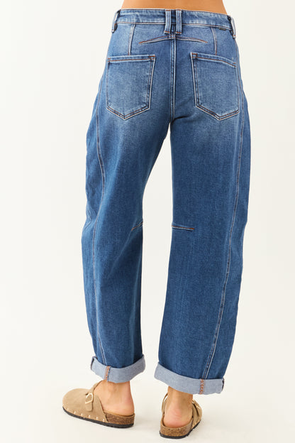 Risen Stretchy Dark Wash Cuffed Barrel Jeans