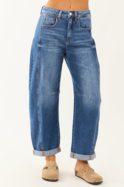 Risen Stretchy Dark Wash Cuffed Barrel Jeans