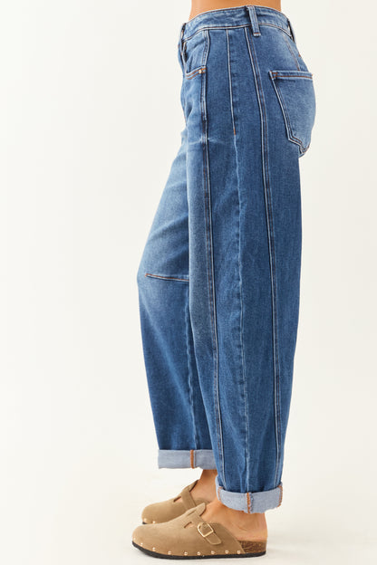 Risen Stretchy Dark Wash Cuffed Barrel Jeans