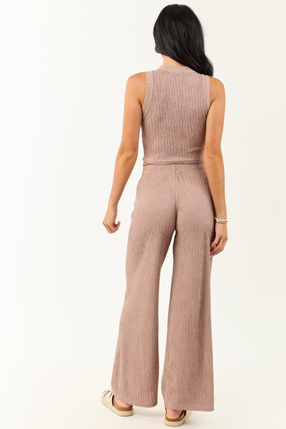 Rose Taupe Crinkled Sleeveless Crop Top and Pants Set