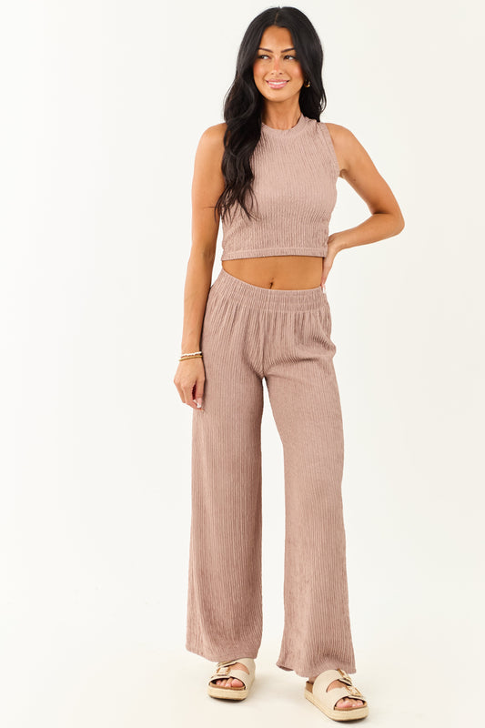 Rose Taupe Crinkled Sleeveless Crop Top and Pants Set