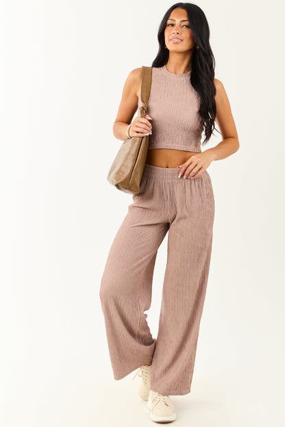 Rose Taupe Crinkled Sleeveless Crop Top and Pants Set