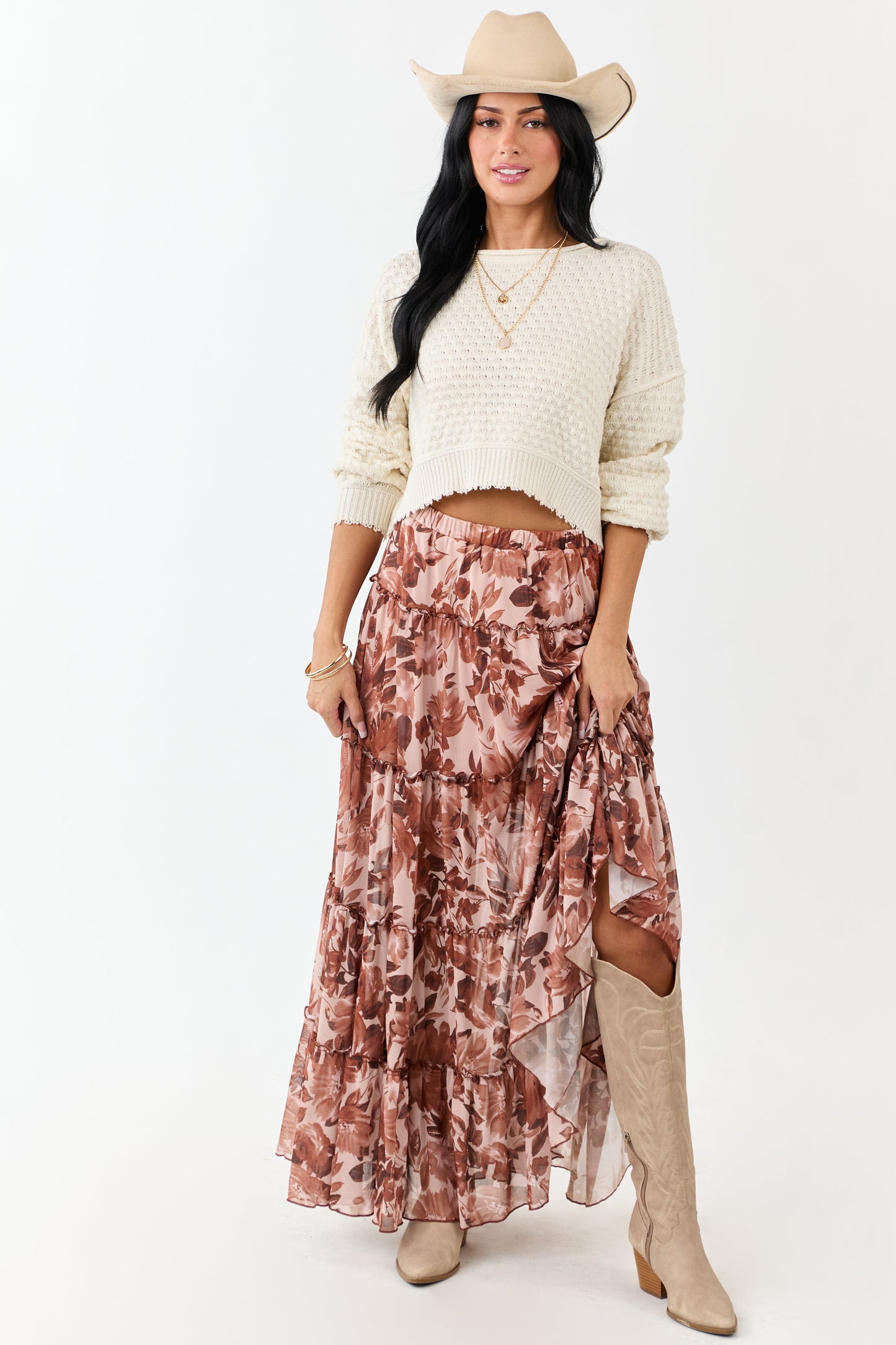Rose Taupe Floral Soft Mesh Tiered Frill Maxi Skirt
