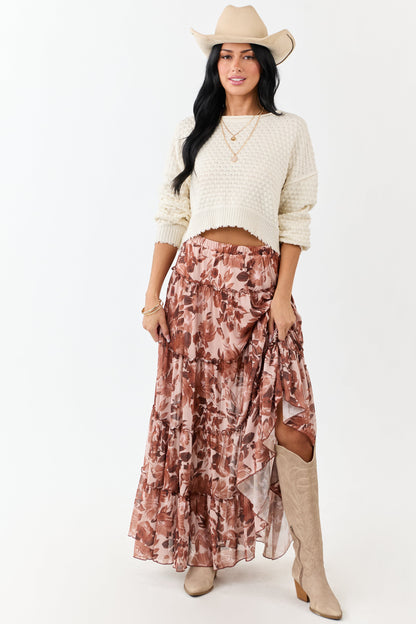 Rose Taupe Floral Soft Mesh Tiered Frill Maxi Skirt