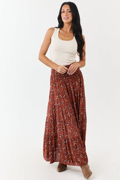 Rust Floral Print Smocked Waist Maxi Skirt