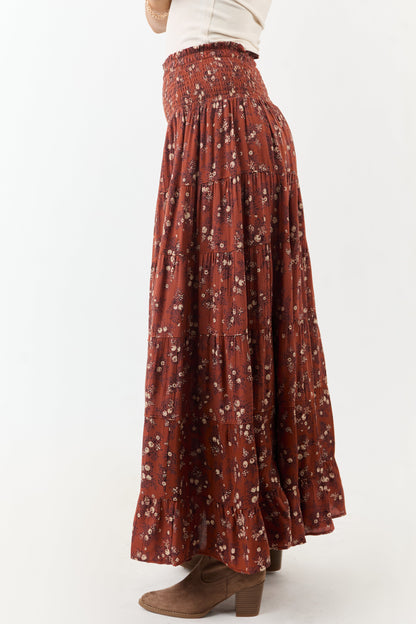 Rust Floral Print Smocked Waist Maxi Skirt