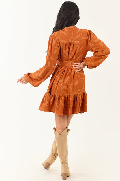 Rust Textured Jacquard Leaf Collared Mini Dress