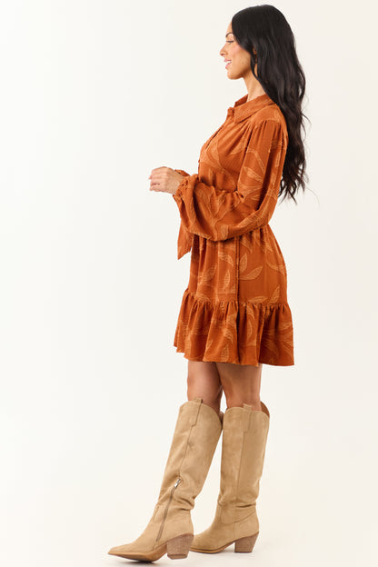 Rust Textured Jacquard Leaf Collared Mini Dress