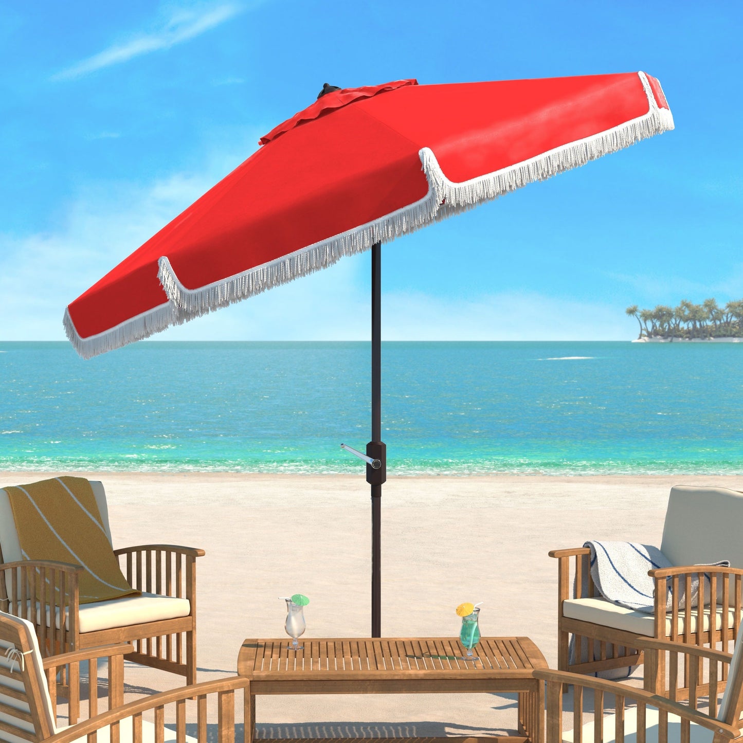 SAFAVIEH Ronette Fringe 9 Ft Crank Outdoor Umbrella