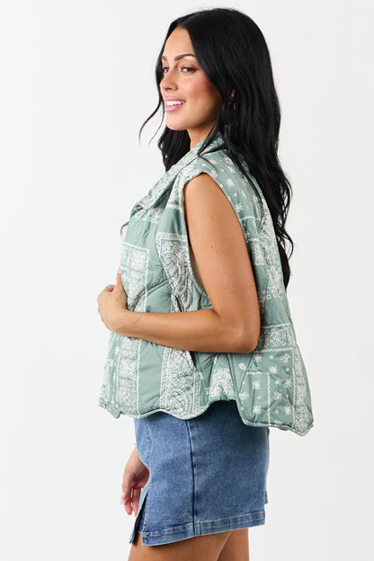 Sage Bandana Print Quilted Button Down Vest