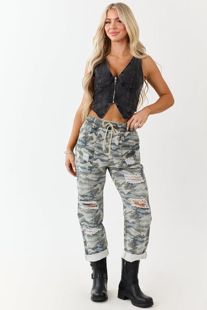 Sage Camo Print Distressed Drawstring Denim Pants