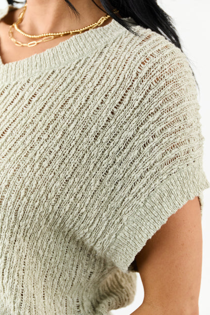 Sage V Neck Short Sleeve Cotton Sweater Top