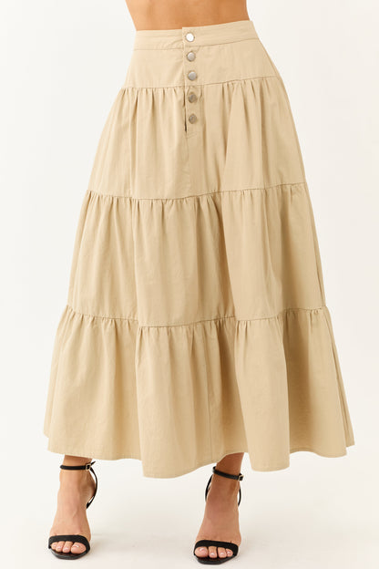 Sand Button Fly Tiered Cotton Maxi Skirt