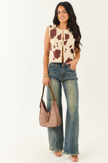 Sand Cow Print Button Down Sweater Tank Top