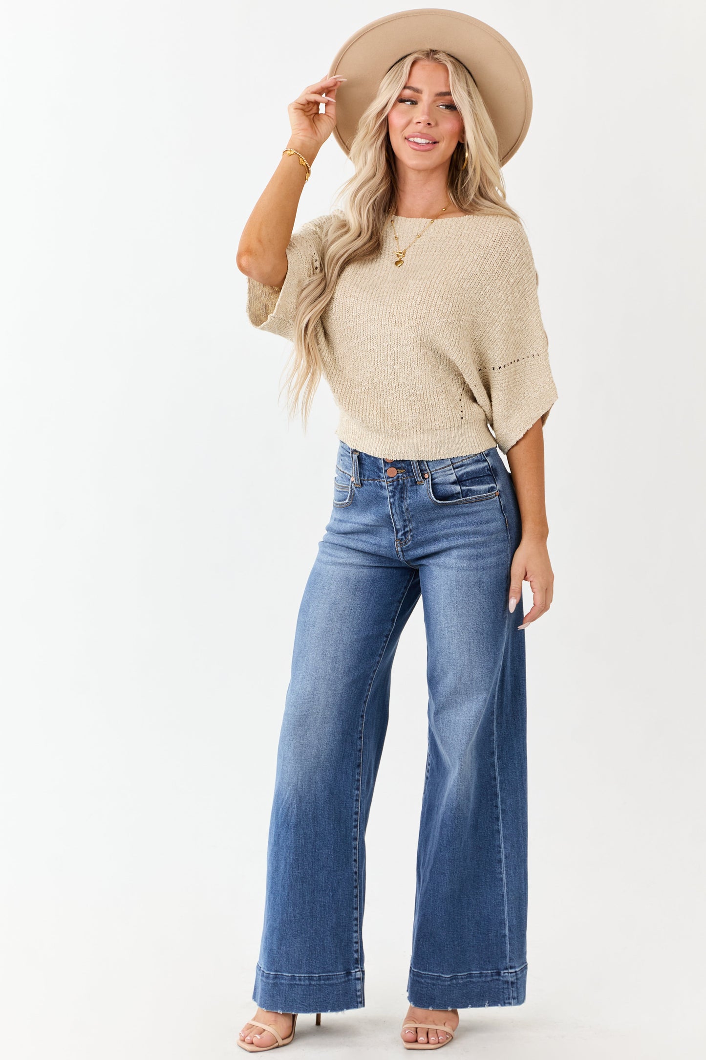 Sand Half Dolman Sleeve Relaxed Knit Sweater