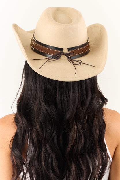 Sand Faux Suede Longhorn Stud Detail Cowboy Hat