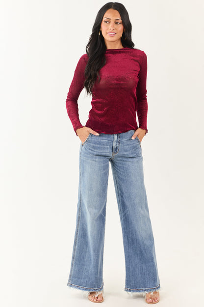 Sangria Rose Velvet Textured Mesh Long Sleeve Top