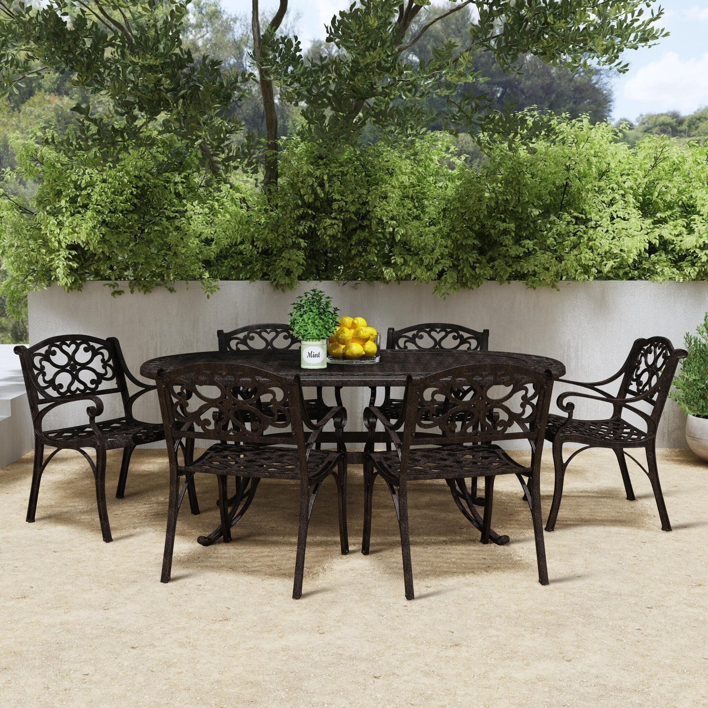 Sanibel Bronze Aluminum 7- Piece Outdoor Dining Set with 72 Oval Dining Table and Six Armchairs by Homestyles