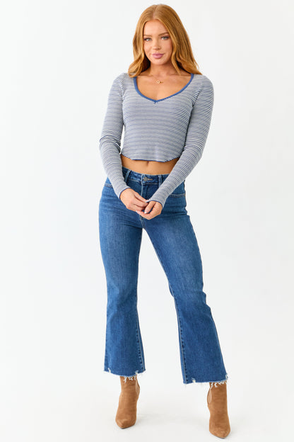 Sapphire Striped Cropped V Neck Long Sleeve Top