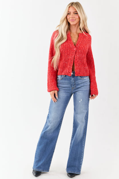 Scarlet Ribbed Knit Button Up Cardigan