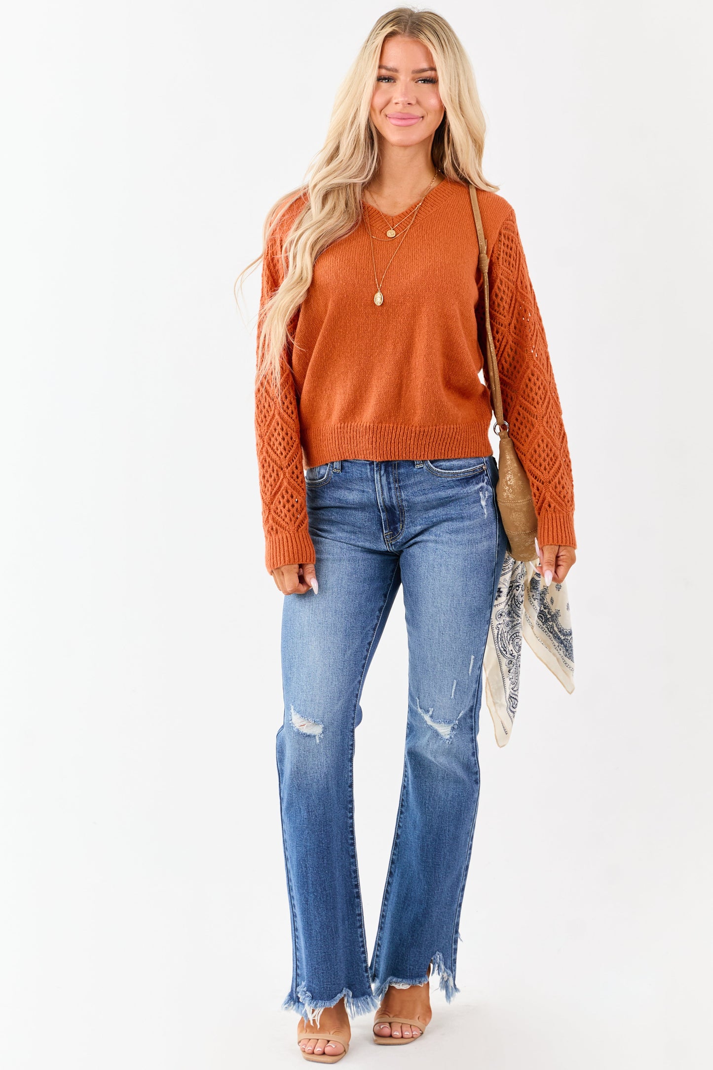 Sedona Open Knit Sleeve V-Neck Pullover Sweater