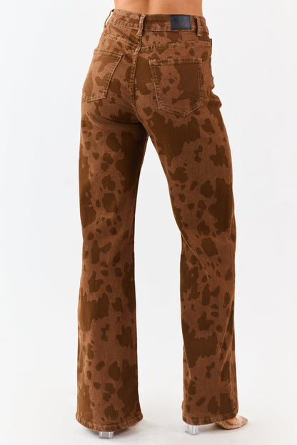Sepia Cow Print Stretchy Straight Leg Jeans
