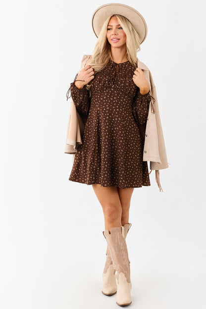 Sepia Ditsy Floral Print Puff Sleeve Mini Dress