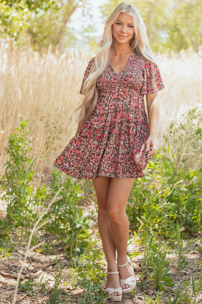 Sepia Floral Print Smocked Tiered Mini Dress