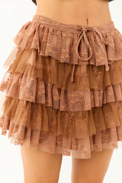 Sepia Lace and Tulle Layered Ruffle Mini Skirt