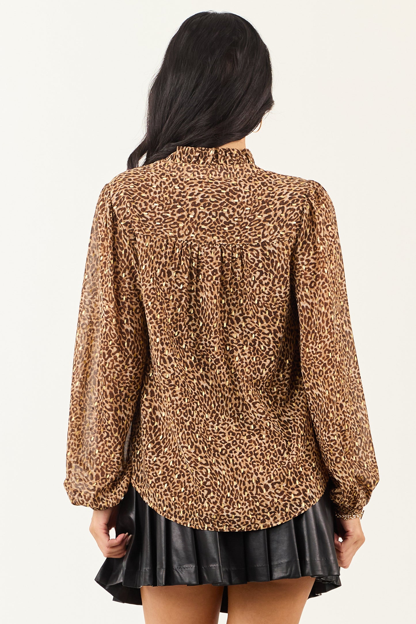 Sepia Leopard Print Long Sleeve Frilled Top