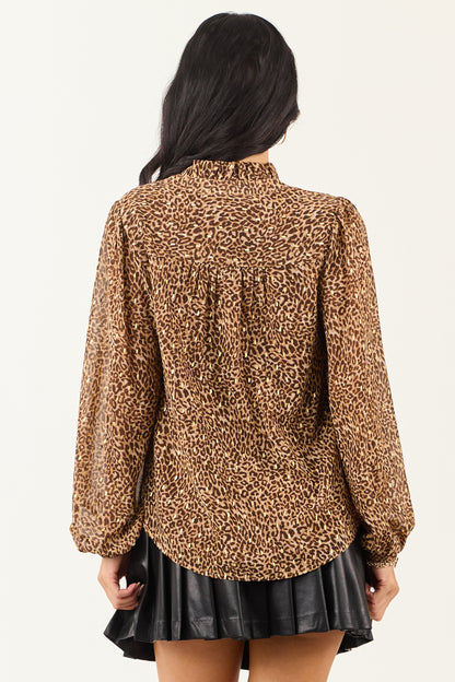 Sepia Leopard Print Long Sleeve Frilled Top
