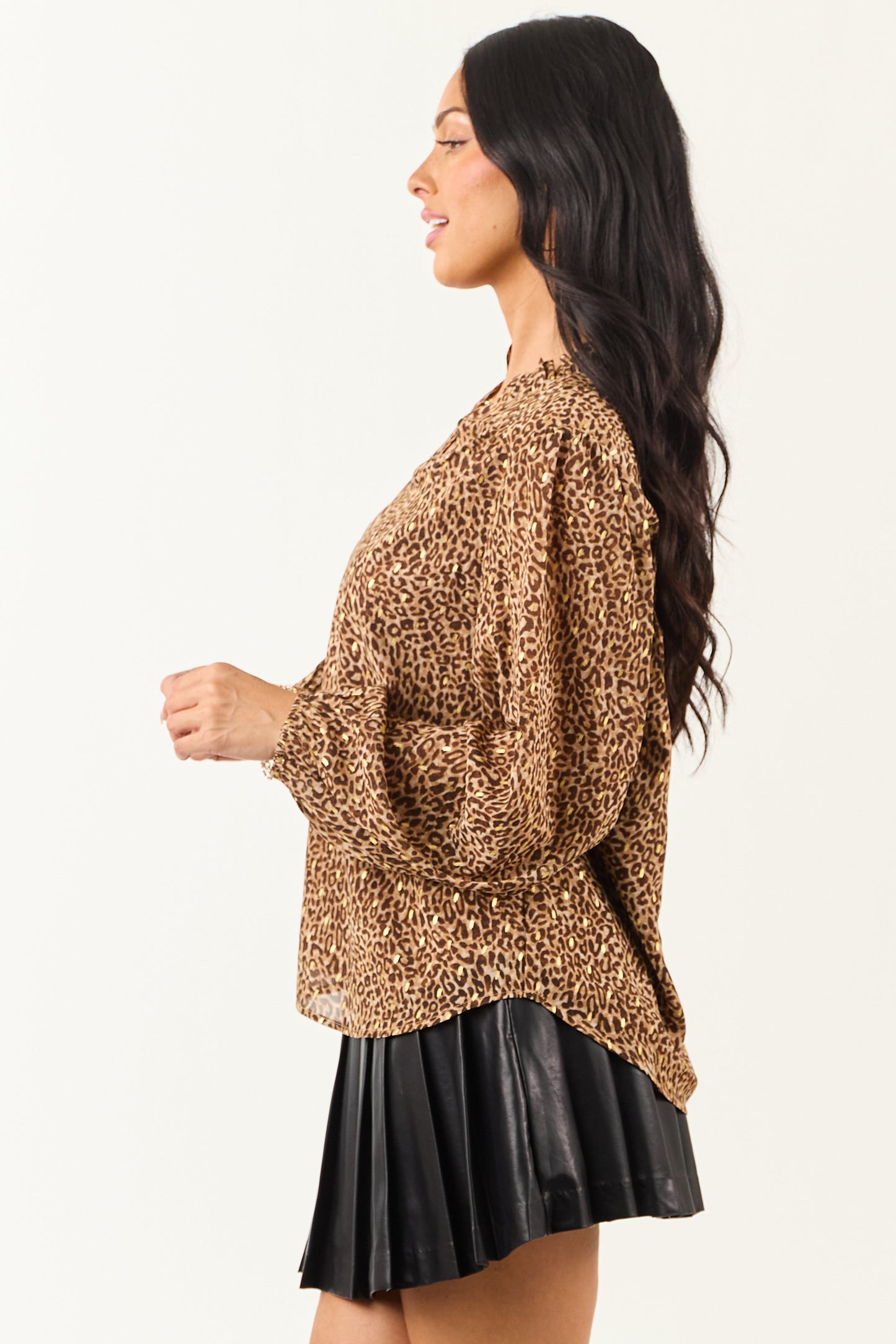Sepia Leopard Print Long Sleeve Frilled Top