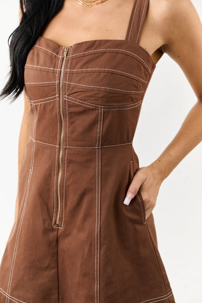 Sepia Pintuck Bust Zip Up Denim Mini Dress