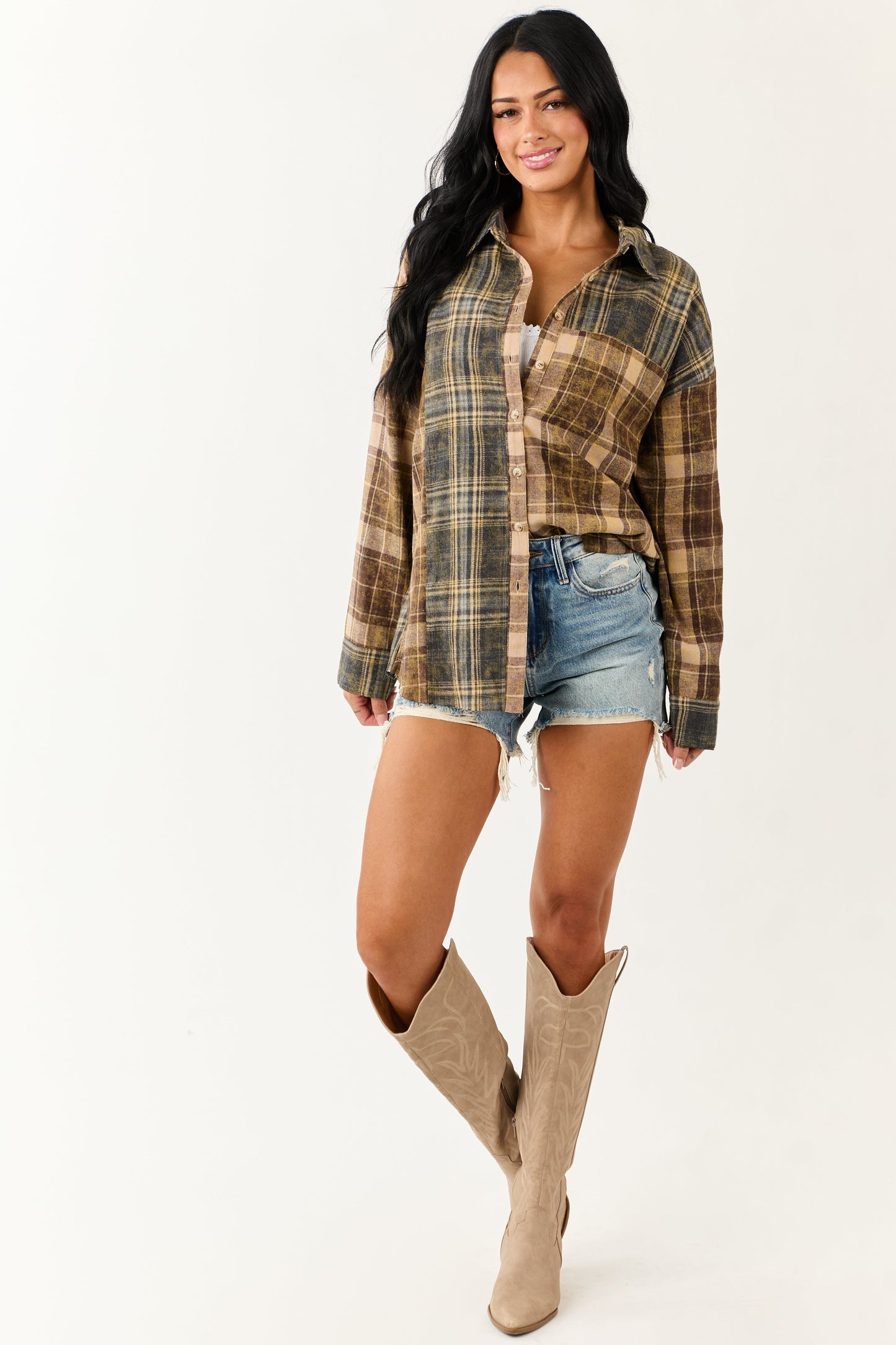 Sepia Plaid Flannel Button Down Long Sleeve Top