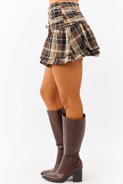 Sepia Plaid Ruched Tiered Layered Mini Skort
