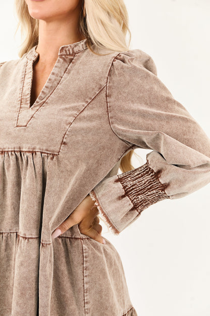 Sepia Stone Wash Corduroy Long Sleeve Mini Dress