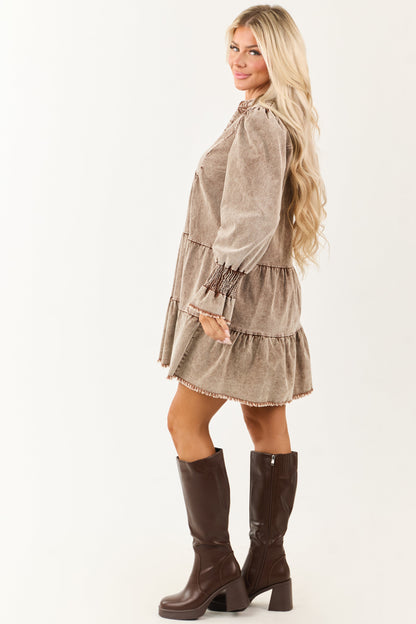 Sepia Stone Wash Corduroy Long Sleeve Mini Dress