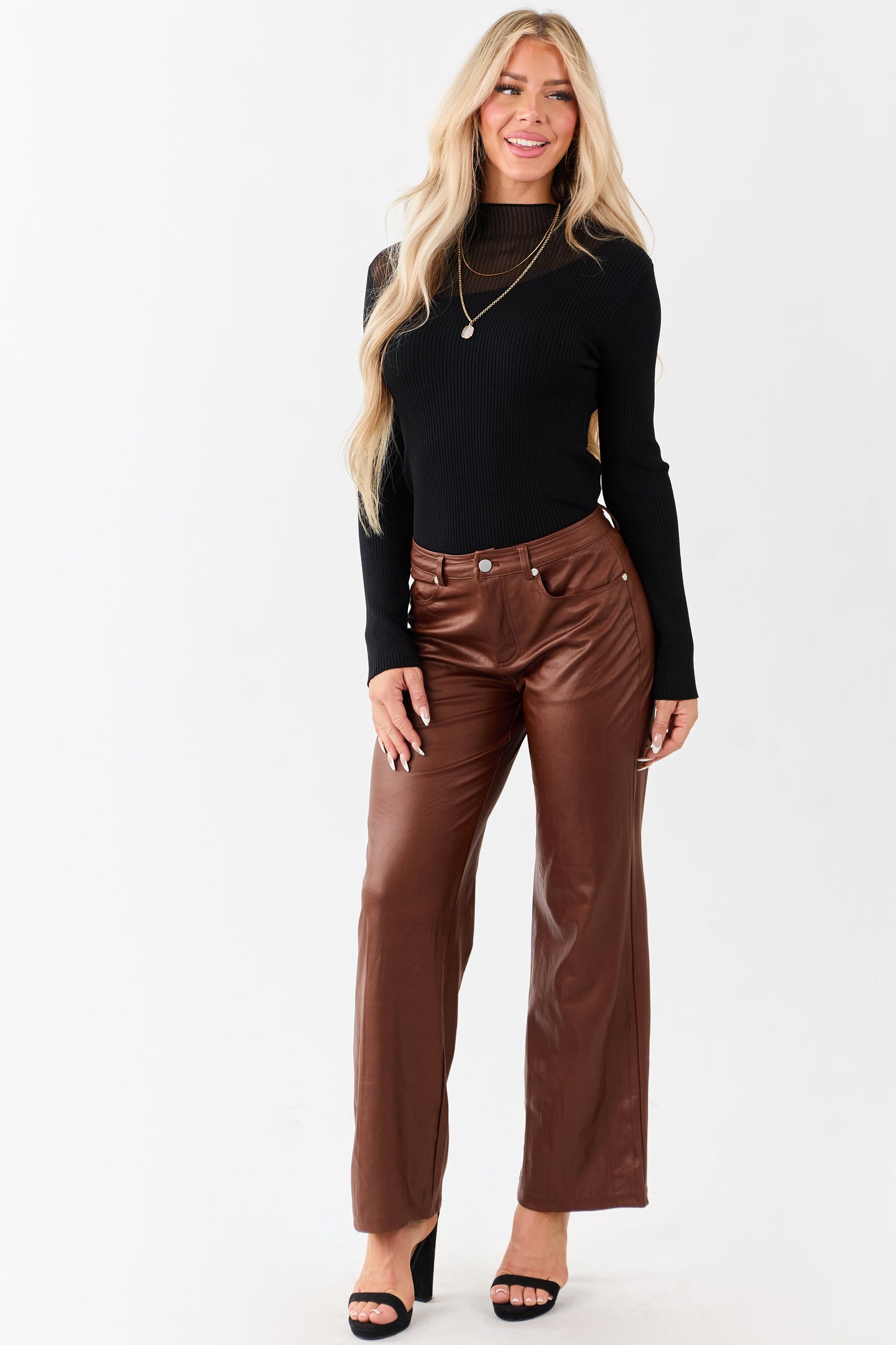 Sepia Textured Faux Leather Wide Leg Pants