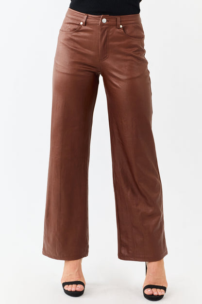 Sepia Textured Faux Leather Wide Leg Pants