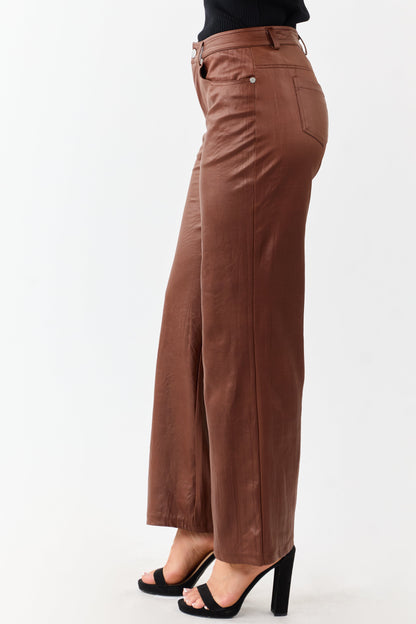 Sepia Textured Faux Leather Wide Leg Pants