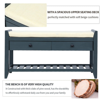 Shoe Rack with Cushioned Seat and Drawers, Multipurpose Storage Bench, Antique Navy - 39L x 14W x 19.8H